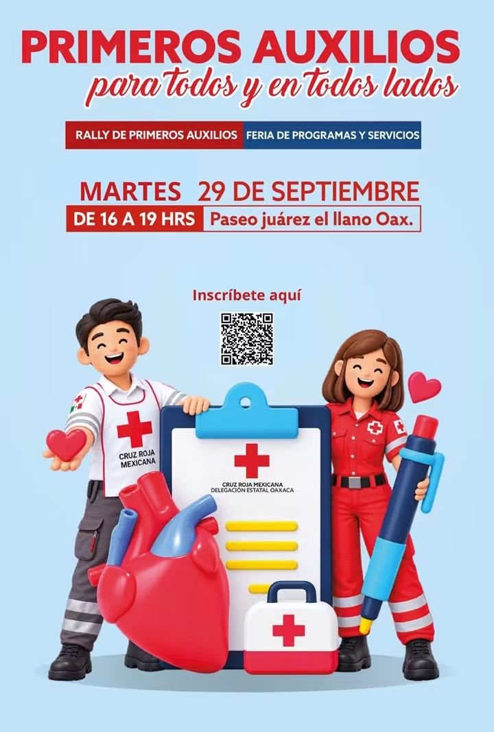 Cruz Roja Oaxaca invita al Rally de Primeros Auxilios y Feria de Programas en El Llano hoy 29 de septiembre